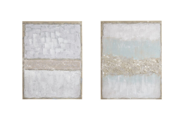 The Madison Park Radiant Flatland Hand Embellished Glitter 2-piece Canvas Wall Art Set offers a stunning update to accent your decor. This 2 piece canvas art set features an abstract design in soft blue and natural hues on each canvas for a chic contemporary look. Hand embellished glitter on the canvases adds a touch of glitz and glam that elevates the design. Each glitter canvas measures 22”x28” and features 2 D-rings on the back that make them easy to mount on any wall. Flaunting a luxurious design