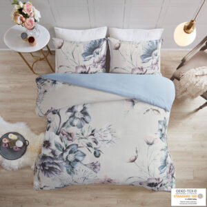 The Madison Park Cassandra 3 Piece Cotton Printed Duvet Cover Set offers a beautiful shabby chic update to your bedroom. The cotton duvet cover and shams feature a large floral print