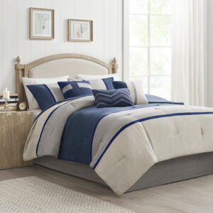 The Madison Park 7 Piece Palisades Comforter Set offers you a casual alternative in fashion bedding. The reverse of the comforter is solid blue. The soft microsuede in heather grey