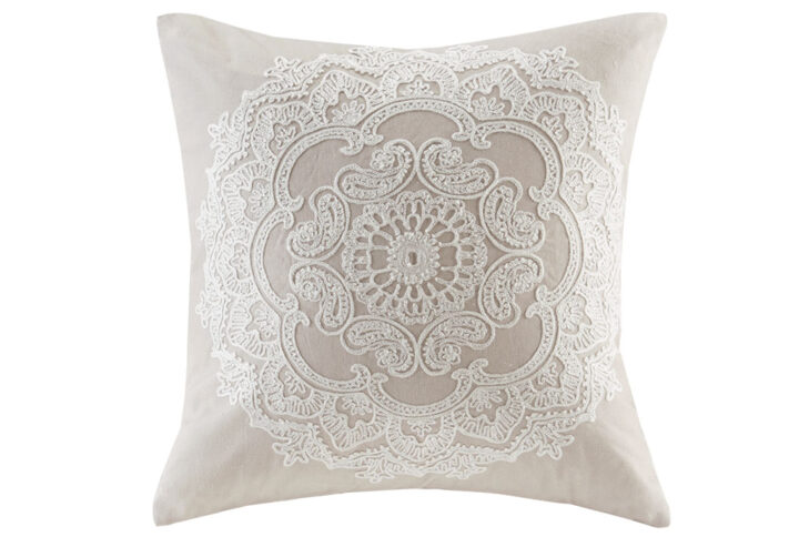 The Harbor House Suzanna Embroidered Cotton Square Pillow adds a beautiful traditional touch to your décor. A large and intricate medallion is beautifully displayed in chain stitch embroidery on a rich taupe ground. Made from cotton faux linen