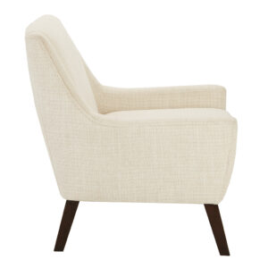 our Accent Chair is a simple and classic look.  Cream fabric and Morocco wood finish legs