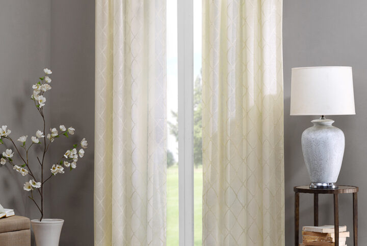 Madison Park’s Irina Diamond Sheer Window Curtain provides an alluring update to your home. An elegant diamond pattern is beautifully embroidered on a soft sheer fabric