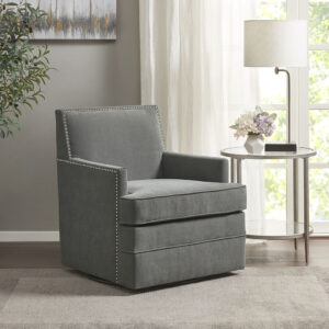 The Madison Park Circa Upholstered Swivel Chair offers a comfortable and sophisticated update to your home. This swivel chair is upholstered in a lush grey fabric and features a silver nail head trim along the arms and back