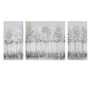 The Madison Park Blue Midst Forest Gold Foil Triptych 3-piece Canvas Wall Art Set offers an enchanting update to your home decor. These printed canvases feature an abstract