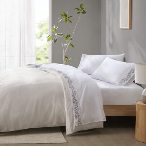 Style your bed with the simple elegance of the Madison Park Embroidered Microfiber Sheets. This solid microfiber sheet set features a beautiful embroidered hem that adds a refined touch and brings a pop of color to your bedroom. Embroidery is featured on the flat sheet and pillowcase hem face side only. The fitted sheet fits mattresses up to 16". Made from ultra-soft microfiber