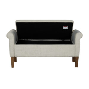 this bench boasts rolled armrests and is fully upholstered for a touch of sophistication. Enjoy comfort with its foam-filled seat cushion and stay organized with ample storage space under the flip-top seat. Crafted with a sturdy solid wood and plywood frame