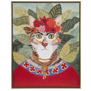 Enliven your decor with this 16.5"W x 20.5"H Bohemian-Style Cat Portrait Wall Art by Carol Lew. This vibrant piece features a whimsical cat sporting a colorful floral headdress