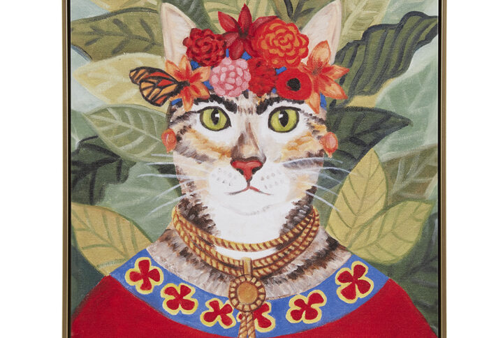 Enliven your decor with this 16.5"W x 20.5"H Bohemian-Style Cat Portrait Wall Art by Carol Lew. This vibrant piece features a whimsical cat sporting a colorful floral headdress