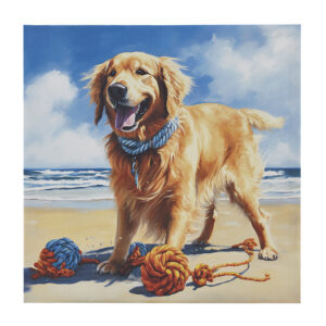 Add a touch of joyful charm to your space with this captivating wall art decor. Featuring a delightful Golden Retriever dog playing on the beach