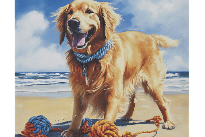 Add a touch of joyful charm to your space with this captivating wall art decor. Featuring a delightful Golden Retriever dog playing on the beach