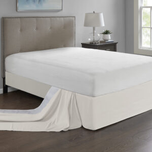 Give your bed the perfect finish with the Madison Park Simple Fit Wrap-Around Adjustable Bed Skirt. The solid ivory bed skirt features a hidden fabric band with a non-skid backing to keep it in place. Simply tuck and fold the bed skirt along the edge of the box spring to find the proper fit for your bed