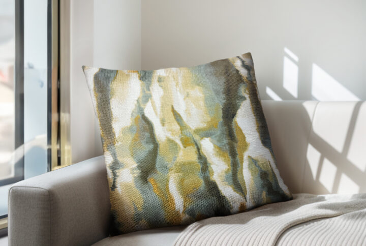 Add a touch of interest to your living space with the Chapel Hill square Printed woven Throw Pillow. Its chic grey and gold multi colorway in an intricate watercolor pattern effortlessly complements any decor