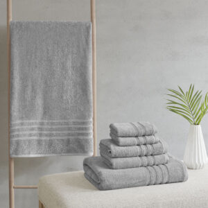 Complete your bathroom decor with our Clean Spaces Nurture Sustainable Antimicrobial 6PC Towel Set. This eco-friendly solid grey towel set is made from regenerated cotton and recycled polyester fibers safeguarding our resources for a better carbon footprint