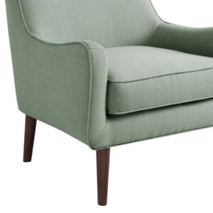 this chair is upholstered in a soft seafoam fabric that adds a light contrast to the room decor. The frame is composed from select hardwoods and plywood and is elevated on smooth tapered wooden legs in espresso finish. Removable cushion