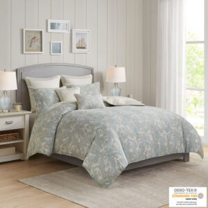 The Harbor House Chelsea bedding collection features a beautiful paisley print in soft blues and khaki on a soft ivory sateen fabric. This duvet set is machine washable for easy care and includes one duvet cover (insert not included) and two shams. Top off the look even more with the accessory items - Euro shams and decorative pillows which are sold separately. This bedding set is also OEKO-TEX certified