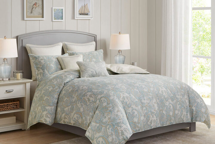 The Harbor House Chelsea bedding collection features a beautiful paisley print in soft blues and khaki on a soft ivory sateen fabric. This duvet set is machine washable for easy care and includes one duvet cover (insert not included) and two shams. Top off the look even more with the accessory items - Euro shams and decorative pillows which are sold separately. This bedding set is also OEKO-TEX certified