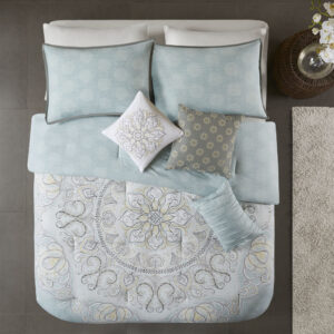 this cotton comforter features an over-scale printed medallion with delicate motifs in seafoam