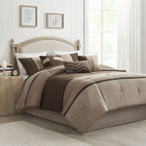 The Madison Park 7 Piece Palisades Comforter Set offers you a casual alternative in fashion bedding. The reverse of the comforter is solid brown. The soft microsuede in heather grey