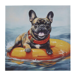 Elevate your space with this charming French bulldog wall art. Featuring a happy bulldog floating in the blue water