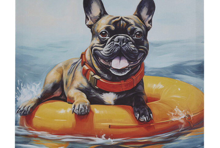 Elevate your space with this charming French bulldog wall art. Featuring a happy bulldog floating in the blue water