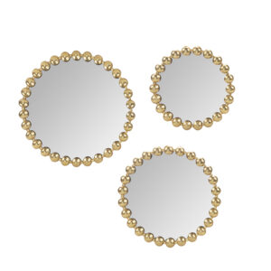 Create a striking elegant display in your space with the Madison Park Signature Marlowe Gold Beaded Round Wall Mirror 3-piece set. Each round mirror features a stylized spherical frame with an antique gold foil finish that creates a rich sheen and light speckled pattern effect. The unique frames are made from 100% iron material