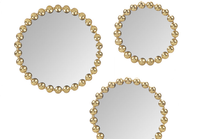 Create a striking elegant display in your space with the Madison Park Signature Marlowe Gold Beaded Round Wall Mirror 3-piece set. Each round mirror features a stylized spherical frame with an antique gold foil finish that creates a rich sheen and light speckled pattern effect. The unique frames are made from 100% iron material