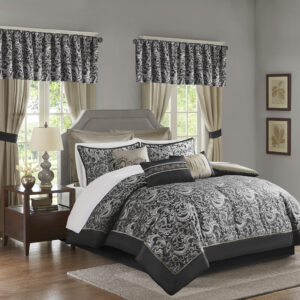 The Madison Park Essentials Brystol 24 Piece Room in a Bag provides a total makeover for your bedroom decor. This traditional comforter flaunts a black