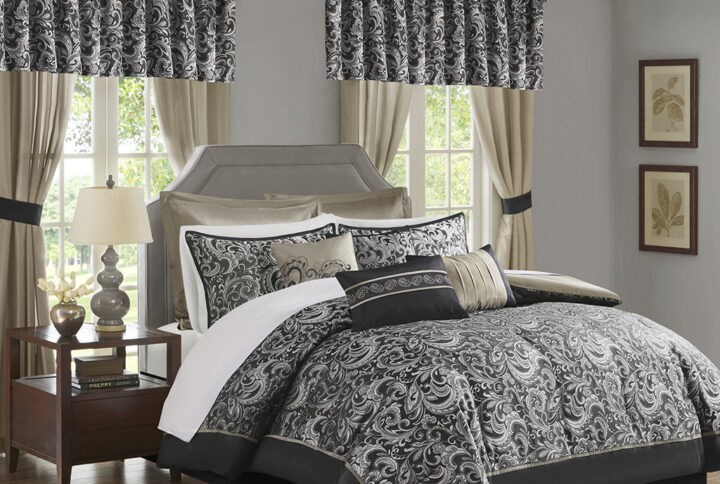 The Madison Park Essentials Brystol 24 Piece Room in a Bag provides a total makeover for your bedroom decor. This traditional comforter flaunts a black