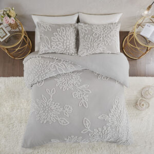 Complete your bedroom decor with the Madison Park Veronica 3 Piece Tufted Chenille Floral Duvet Cover Set. The shabby chic duvet cover features white cotton tufted chenille floral pattern on a warm grey background that creates a lovely contrast. The 2 matching shams mirror the design of the duvet cover to complete the farmhouse aesthetic. Machine washable for easy care