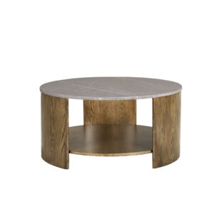 showcasing a mixed material design. This round coffee table combines clean lines