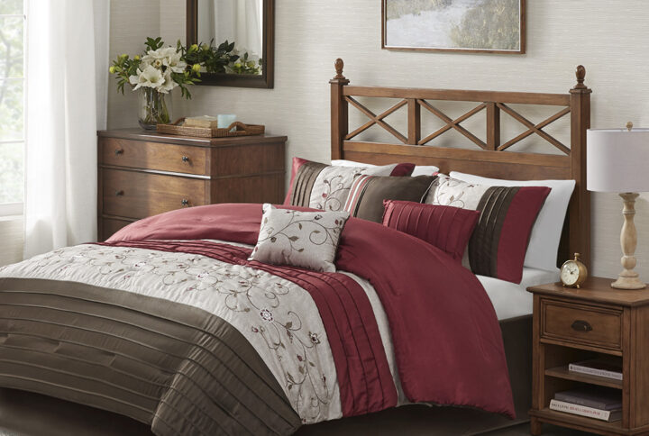 The Serene bedding collection provides an elegant look to your home.  The top of the comforter is a mix of rich red