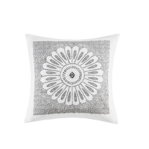 Sofia 20x20" square pillow features a modern medallion motif with decorative grey embroidery on an off white background. Perfect for your top of bed or as an accent piece in your living room.  Hypoallergenic polyester filling in removable cover.  So it is easy to spot clean or hand wash the pillow cove