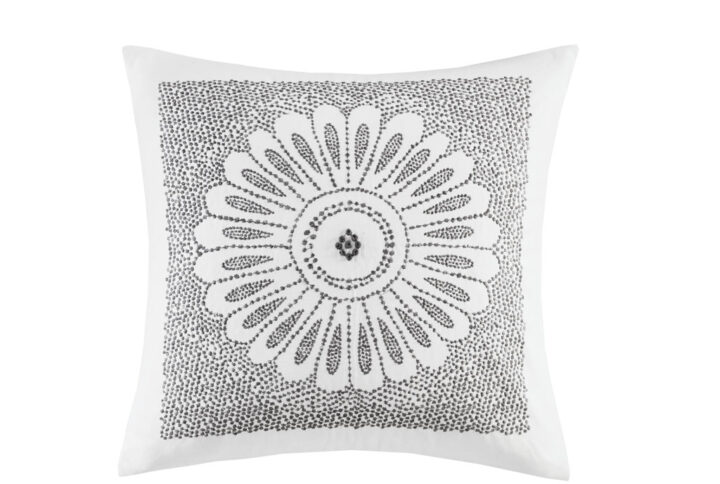 Sofia 20x20" square pillow features a modern medallion motif with decorative grey embroidery on an off white background. Perfect for your top of bed or as an accent piece in your living room.  Hypoallergenic polyester filling in removable cover.  So it is easy to spot clean or hand wash the pillow cove