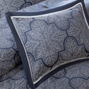 The Madison Park Medina Collection provides a unique update to your bedroom. Its woven jacquard fabrication uses silver thread on a navy blue base creating a beautiful key design on your top of bed. Two solid euro shams and three decorative pillows using embroidery and fabric manipulation to tie this look together.