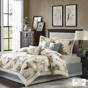 The Madison Park Quincy 7 Piece Comforter Set brings a warm country update to your bedroom. This cotton twill comforter features a classic leaf and bird print on the face with a solid reverse that adds a splash of color to the cottage look. Two matching shams pair perfectly with the comforter and three decorative pillows add dimension. A solid bed skirt provides the finishing touch