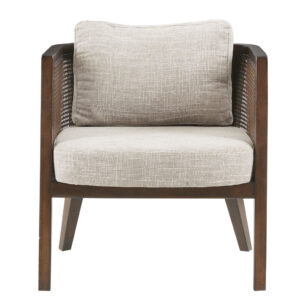 this accent chair provides a sophisticated touch. The back cushion and seat cushion are upholstered in a soft camel fabric