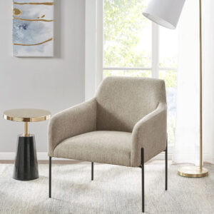 Update your living room with modern flair of the Madison Park Calder Metal Leg Accent Chair. This accent chair flaunts a modern design with an upholstered square seat and back framed by track style arms to create a sleek and stylish look. The slender metal legs feature an iron black metal finish to complement the upholstery and complete the contemporary design. With a tight seat and standard back