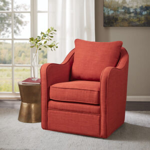 Bring simple comfort to your living room decor with the Madison Park Brianne Wide Seat Swivel Arm Chair. This swivel chair features a loose back and seat cushion that is fully upholstered for a chic transitional look. Double piping details along the frame accent the design