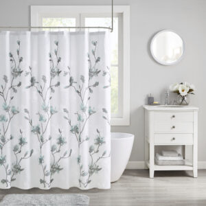 Add a soft touch of beauty to your bathroom with our Madison Park Magnolia Floral Printed Burnout Shower Curtain. This light weight shower curtain features a beautiful floral printed burnout design in soft aqua and grey hues