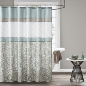 The 510 Design Shawnee Printed and Embroidered Shower Curtain adds a sophisticated flair to your bathroom decor. Featuring a printed and pieced design