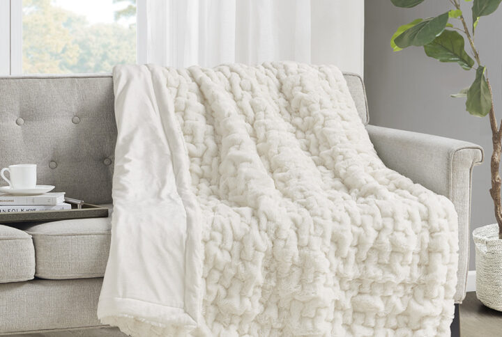 Add a modern and sophisticated touch to any space with the Madison Park Ruched Fur Throw. This throw features a solid ruched fur pattern