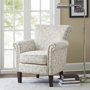 Add an eye-catching touch to your living room with the Madison Park Brooke Tight Back Club Chair. This accent chair features an all-over fretwork pattern on the upholstery that creates a stunning transitional look. The double row nailhead trim on the front of the arms and the sides of the back add an elegant accent to the design. With a comfortable loose cushion and sturdy solid wood legs