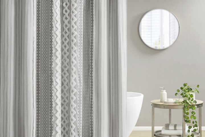 Elevate the look of your bathroom with the INK+IVY Imani Cotton Printed Shower Curtain with Chenille Stripe. This 100% cotton shower curtain features a globally inspired Aztec print with a cotton chenille trim that adds a sophisticated touch. Machine washable for easy care