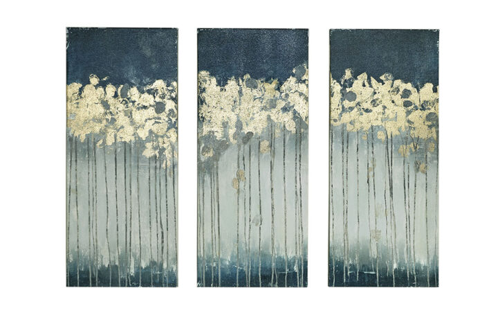 Add a splash of color and style to your decor with the Madison Park Dewy Forest Gold Foil Abstract 3-piece Canvas Wall Art Set by Artist Delsie Walters. Each gel coated canvas  features an abstract tree design in deep teal and blue hues