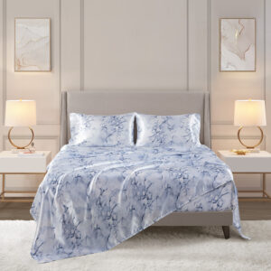 Treat yourself and your bedroom with the elegance of these luxury bed sheets. These wrinkle free satin sheets are silky smooth to the touch and feature a glamorous blue marble print that elevates the style and comfort of your bed. Gentle on your skin and hair