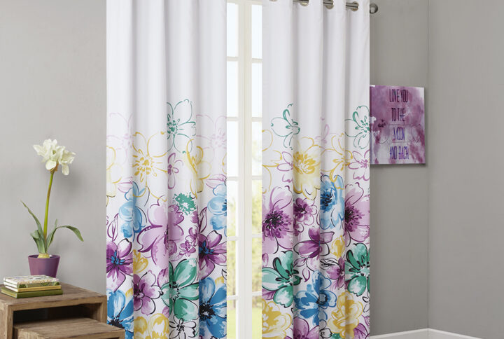 Intelligent Design Olivia Total Blackout Window panel uses bright colors and an asymmetrical floral design to brighten up your space. Pops of teal