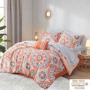 The Madison Park Essentials Serenity Complete Comforter and Cotton Sheet Set provides a fresh globally inspired look for your bedroom. An intricate medallion pattern repeats across the top of bed in brilliant shades of complementary colors to play up the oversized print. An oblong pillow uses decorative embroidery and piecing to create texture on the top of bed. Also included is a complete cotton sheet set that features a coordinating medallion print to complete the look. Bringing the best in health and wellness