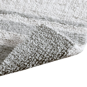 reversible rug has both cut and looped cotton on each side in contrast fashion colors to a white ground for a spa look within your home. The soft highly absorbent cotton on both sides will feel fluffy and absorbent on your feet! A rug pad is highly recommended for safety and to keep rug secured in place. Due to the looped cotton construction