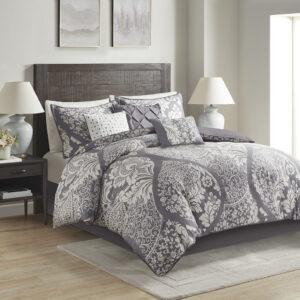 The Madison Park Vienna 7 Piece Cotton Printed Comforter Set offers an eye-catching update to your bedroom decor. A beautifully intricate damask pattern is flaunted across the comforter and shams