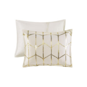 metallic gold print against a soft ivory ground for a fun and eye-catching look! Matching sham(s) echo the design seen on top of the bed to pull the entire ensemble together. Two embroidered decorative pillows with typography and metallic details complete this fabulous